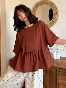 FRIFUL Women's Spring/Summer Splice Contrast Color Pleated Back Collar Tie Bow Neck Loose Casual Versatile Blouse - Red - View 2