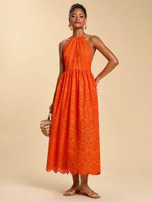 Travachic 女士镂空刺绣休闲吊带连衣裙，春夏度假装，优雅派对礼服，夏季连衣裙，沙滩裙，婚礼派对礼服，女士优雅连衣裙，女士度假装 - 橘色 - 查看 3
