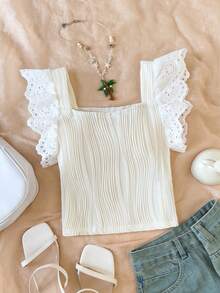 SHEIN Tween Girl Crew Neck Burnout Embroidered Cap Sleeve Textured T-Shirt - Apricot - View 1