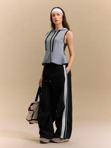 Hanevo Women's Mesh Stitching Casual Sleeveless Open Front Hooded Sweatshirt - Grey - View 3