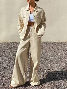 DAZY Bộ đồ nữ thường ngày gồm áo khoác màu trơn và quần jeans ống rộng. - Màu be - Xem 3