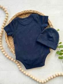 SHEIN Áo liền quần ngắn tay cổ tròn in chữ hoạt hình cho bé sơ sinh - màu đen - Xem 3