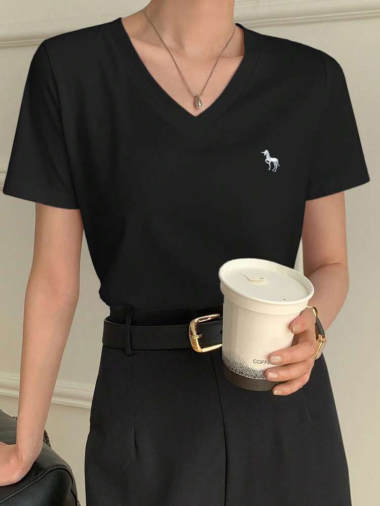 Women's V-Neck Embroidered Casual Shortsleeve T-Shirt