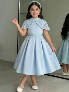Tween Girl Faux Pearl Light Blue Floral Elegant Flower Girl Dress,Summmer Vintage Rose Stand Collar Patchwork Ruffle Hem A-Line Princess Party Wear - Blue - View 2