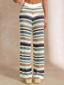 EURMUSE 条纹钩编高腰阔腿裤复古撞色弹力夏季沙滩度假休闲轻便波西米亚风套穿裤女款 - 彩色 - 查看 2