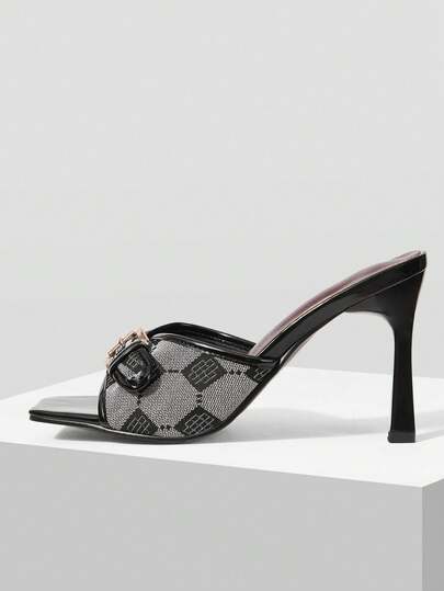 Mnmlis Women's High-Heeled Sandals Spring And Summer Fashion New Embroidered Plaid Metal Belt Buckle Decoration Modern Commuter Elegant Style Women's Versatile Muller Square Head Stiletto Cool Slippers Valentine's Day