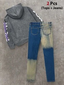 Tween Boy Casual Letter & Portrait Graphic Hoodie And Distressed Denim Jeans Set, Autumn - Dark Wash - View 2