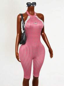 Mistrie Women's Plaid Lace Trim Fitted Jumpsuit - Red and White - View 3