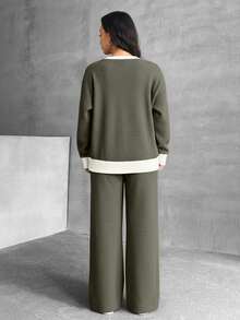 EURMUSE 2 Pcs, Blok Colar Sweatshirts & Pants - Army Green - View 2