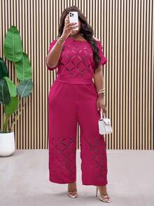 Slaydiva 大码不对称肩部刺绣花卉优雅轻盈两件套，居家办公两件套，镂空细节，女士职业装，工作服 - 玫紅色 - 查看 3