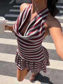 Muchica Women's Fashion New Red Knitted Striped Plunging Neck Mini Dress For Going Out Outfits, Streetwear, Y2K Clothes, Summer Dress - Red - View 3