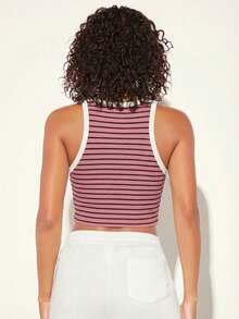 SHEIN BASICS 女士休闲条纹印花修身圆领露脐背心，适合夏季度假和日常通勤。 - 藕粉色 - 查看 3