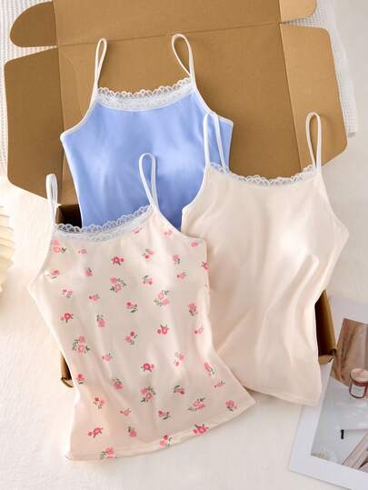 3pcs/Set Ditsy Floral Lace Collar Comfortable Soft Everyday Fashion Camisole Tops For Teen GirlTeen Girl