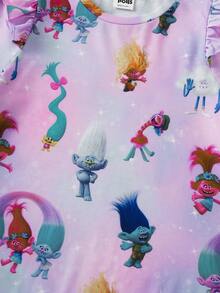SHEIN Trolls Tween Girl Casual Cartoon Pattern Round Neck Short Sleeve Dress, Summer - Pink - View 8