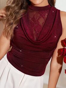Amorya 女士纯色修身蕾丝高领吊带背心，春夏款，适合情人节派对穿着 - 酒紅色 - 查看 4