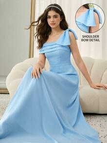 Vestido midi elegante de unicolor con ajuste ceñido, abertura alta, volante asimétrico en el bajo, adecuado para fiestas, banquetes, damas de honor, cumpleaños y otras ocasiones importantes - Azul - Ver 1