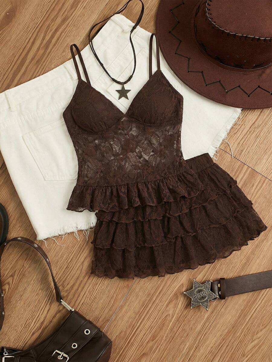 Sweetra 女士波西米亚风咖啡色蕾丝吊带背心和A字荷叶边迷你裙，春夏款 - 咖啡棕 - 查看 1