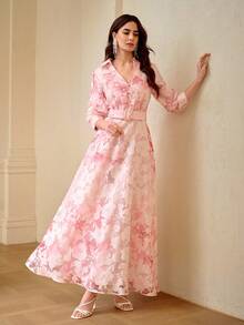 ZEYLAH Jacquard Jacquard Cinched Waist Collared Long Dress, Elegant, Spring/Summer - Pink - View 7