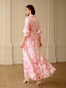 ZEYLAH Jacquard Jacquard Cinched Waist Collared Long Dress, Elegant, Spring/Summer - Pink - View 3