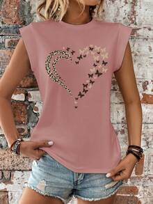 EMERY ROSE Women Fashion Leopard, Butterfly And Heart Printed Short Sleeve T-Shirt Graphic Tees Women Tops - Pink - View 4