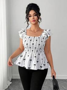 Elenzga Plus Size Women's Semiria Style Butterfly Print Layered Ruffle Backless Blouse,  Day - Multicolor - View 7
