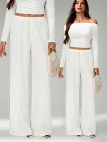 SHEIN Tall Loose Drawstring Waist Trousers In Textured Crinkle Fabric White Wide Leg Pants Women White Linen Pants Women - White - View 6