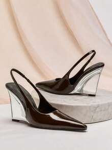 SHUZIA Women's Pointed Toe, Elegant Fashionable Sling Back Wedge Heels - Chocolate Brown - View 4