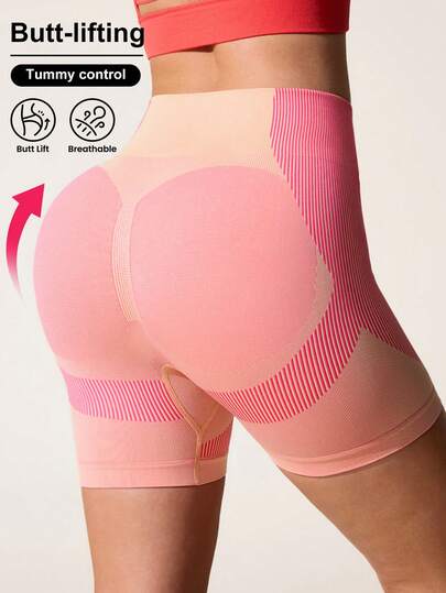 Core Rhythm Women's Colorblock Striped Print High Waist Seamless Sports Shorts