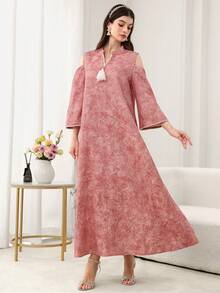 Yasmyna 白色吊坠点缀露肩袖粉色提花阿拉伯风格连衣裙 - 粉色 - 查看 7