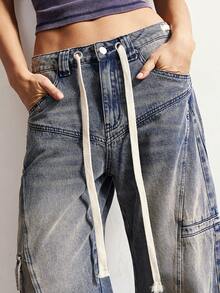 Bohemela 女士多段式多口袋腰带抽绳前拉链牛仔裤，适合春夏度假穿着，春季女装，女士裤装，春季黑色牛仔裤 - 深灰色 - 查看 3