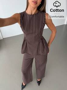 Aloruh Coffee Striped Shirt Top + Straight Leg Pants Elegant Commuter 2 Pieces Set - Coffee Brown - View 5