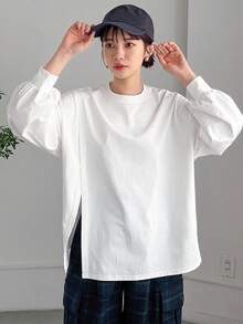 FRIFUL Women's Round Neck Loose Hem Slit Cotton Basic Solid Color T-Shirt, Suitable From Spring To Summer - White - View 4