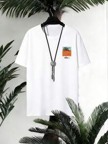 Manfinity RSRT Áo thun nam tay ngắn cổ tròn màu trắng với họa tiết cây cọ tương phản và dòng chữ "Summer 2026", áo thun mùa hè mang đậm phong cách biển cả và đảo, kiểu dáng thường ngày. - trắng - Xem 2