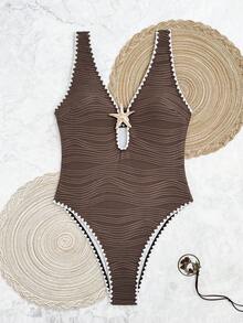 Swim Vcay Women's Summer Beach One-Piece Swimsuit, Special Fabric Deep V Starfish Decor White Trim Fitted Romantic Ocean One Piece Swimsuit - Coffee Brown - View 1