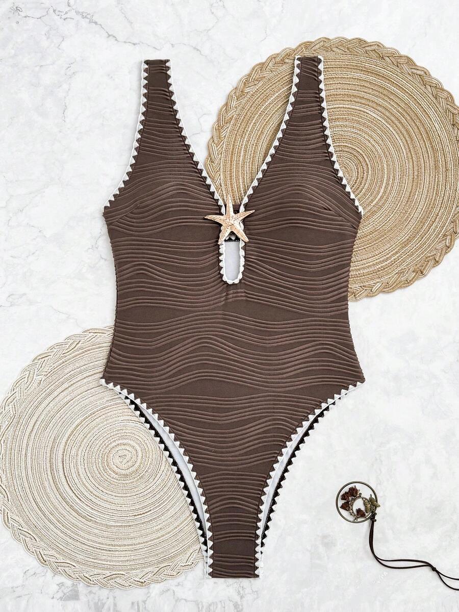 Swim Vcay Women's Summer Beach One-Piece Swimsuit, Special Fabric Deep V Starfish Decor White Trim Fitted Romantic Ocean One Piece Swimsuit - Coffee Brown - View 1