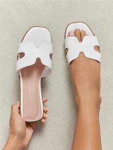 SHUZIA 畅销女式奢华风格露趾镂空简约 PU 白色拖鞋