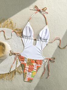 Soleia 女士橄榄绿针织提花纹理V领露背挂脖连体泳衣，海滩度假 - 彩色 - 查看 2