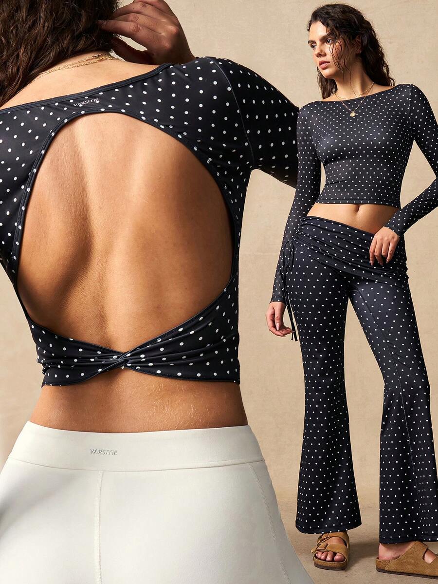 VARSIVA 女士波点露背圆领长袖T恤，时尚百搭，适合日常、户外和运动穿着。