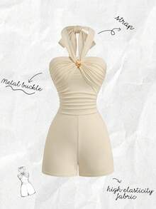 Olithes Bộ jumpsuit nữ màu mơ mới, kiểu cổ yếm, buộc dây, khóa kim loại, thích hợp cho đi chơi, đi làm, nghỉ mát và mặc hàng ngày. - Màu be - Xem 1