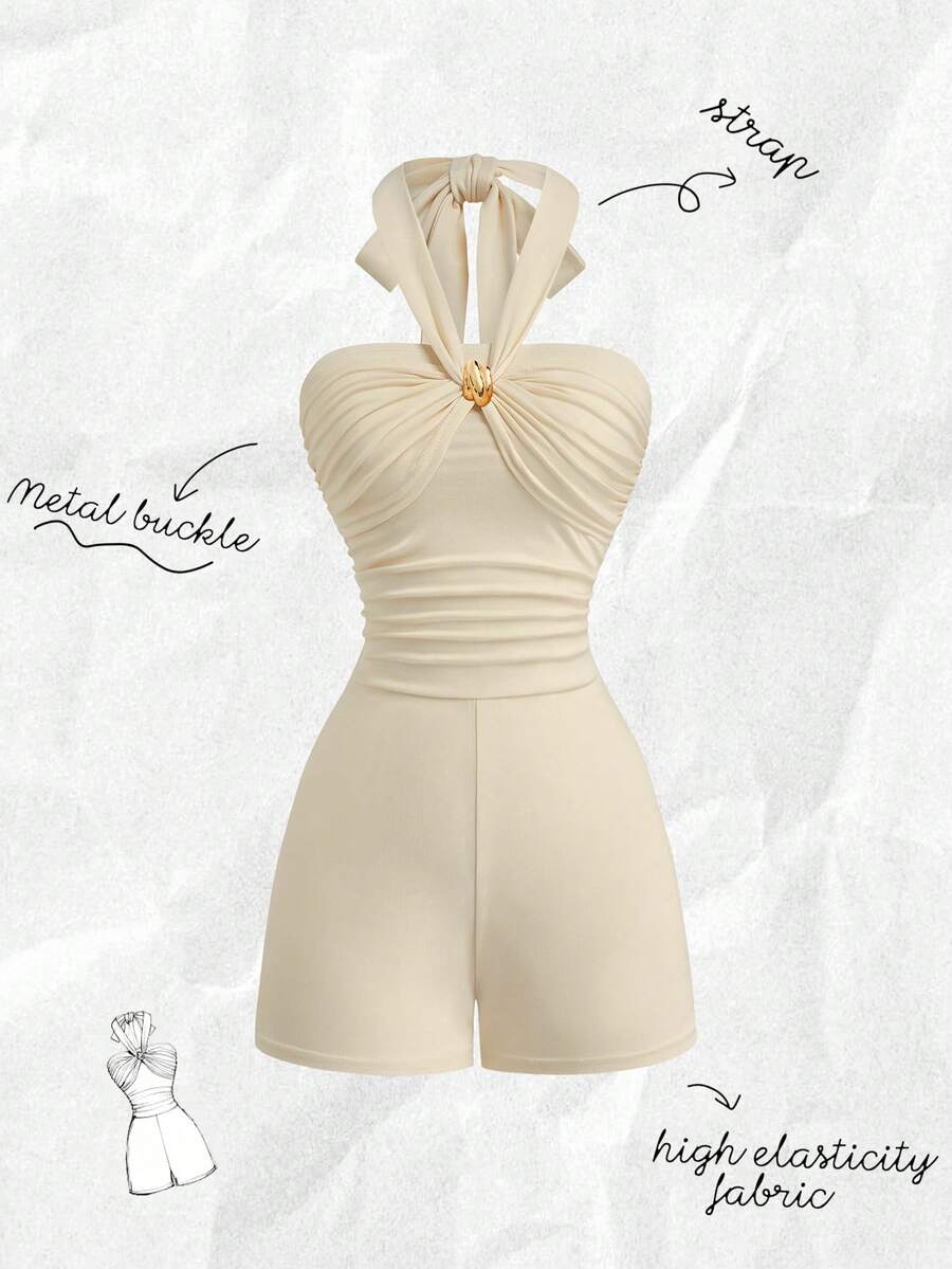 Olithes Bộ jumpsuit nữ màu mơ mới, kiểu cổ yếm, buộc dây, khóa kim loại, thích hợp cho đi chơi, đi làm, nghỉ mát và mặc hàng ngày. - Màu be - Xem 1