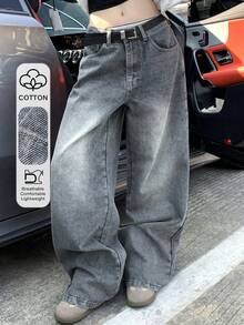 DAZY 女士口袋纽扣休闲百搭通勤宽松牛仔阔腿裤 - 藍色 - 查看 1