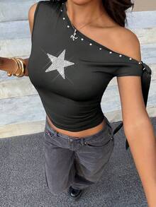 Muchica Blusa feminina preta assimétrica com modelagem ajustada, novidade para o verão. - Preto - Ver 4