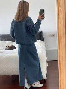 Livesso 女士休闲牛仔外套和裙子套装，秋季 - 藍色 - 查看 2