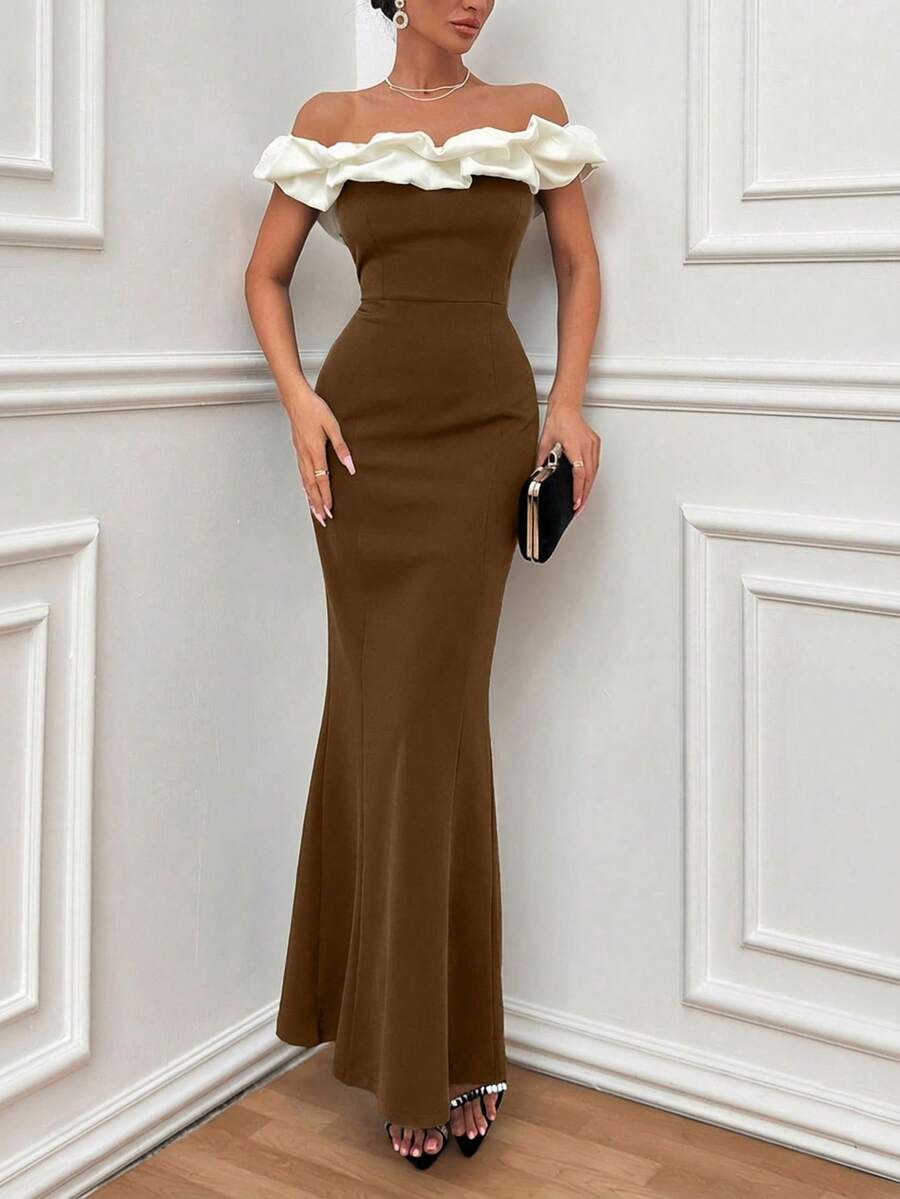 EURMUSE Vestido ajustado con hombros descubiertos y volantes en dos tonos, vestido elegante - Marrón - Ver 1