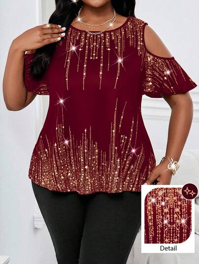 SHEIN Lady 大码女式圆领箔印休闲日常短袖T恤 情人节婚礼优雅女式礼服 婚礼宾客优雅派对红色T恤 女式闪亮T恤 休闲女式闪亮T恤 春季上衣 夏季上衣 派对闪亮上衣