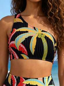 CAJUNI Summer Beach Fashion One Shoulder Bikini Set, Palm Tree Night Scene Print - Multicolor - View 3