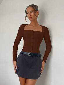 Almamuse Niche Design Fitted Long Sleeve Square Collar Shirt - Coffee Brown - View 5
