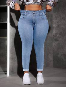 Slaydiva 大码蓝色弹力修身九分牛仔裤 冬季牛仔裤 女士冬季牛仔裤 女士修身弹力牛仔裤 曲线身材高腰卷边牛仔裤 - 淺色水洗藍 - 查看 5