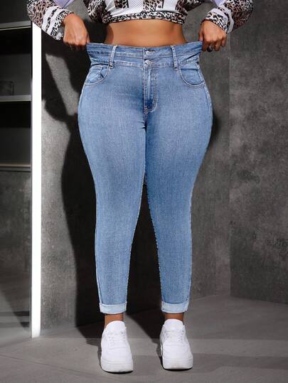 Slaydiva 大码蓝色弹力修身九分牛仔裤 冬季牛仔裤 女士冬季牛仔裤 女士修身弹力牛仔裤 曲线身材高腰卷边牛仔裤