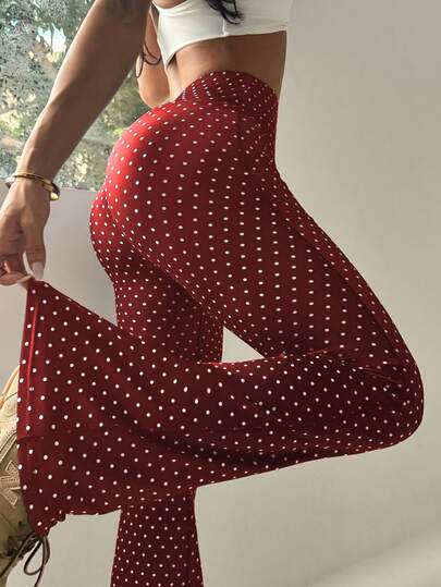 Dewbera Women's Regular Waist Black Polka Dot Print Flared Pants, Suitable For Daily Casual Wear, Running, Yoga, Gym, Tennis, Golf And Other Sports, Autumn/Winter